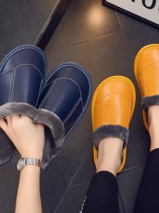 Waterproof Thermal Cotton Slippers Womens Autumn and Winter Home Indoor Floor Non Slip Genuine Leather Stuffed For Home Couple Slippers Men