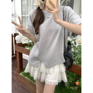 French Vintage Asymmetric Short Sleeve T-Shirt Womens Loose Korean Style Pure Cotton Half Sleeve Top Trendy Summer Ins