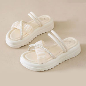 Elegant Women 2 Way Sandals with Pearl Design and Slip-On Wear Korean Style Black White Flat Chic Slipper Flipflops