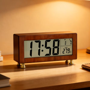 Hense | LCD Digital Display Temperature Calendar Wooden Table Clock