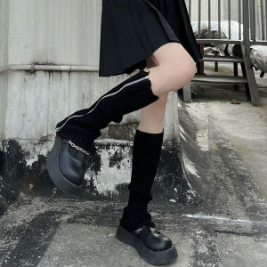 Gray Knitted Mid-Calf Socks with Zipper Leg Covers Y2K Millennium Spicy Girl Autumn Winter Woolen Thick Warm Tube Socks for Women