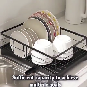 a.ChicHome🔥1-2 Tier Dish Drying Rack Dish Drainer With Drip Tray Foldable Dish Plate Drying Rack Organizer Tableware Shelf Drainer Carbon Steel Storage Holder