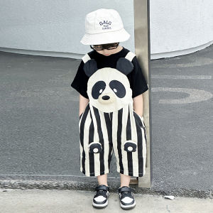 Cute Panda Cartoon Boys Summer Outfit Cotton Blend Striped Overalls Short Sleeve Top And Shorts Set Kids Casual Wear