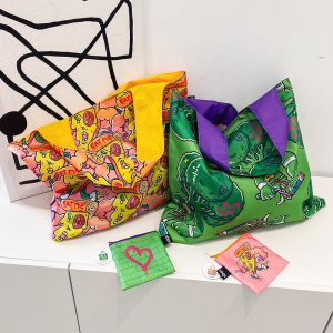 Loqi Fun Fashionable Eco-Bag Lightweight Shopping Bag Foldable Waterproof Single Shoulder Bag Green Cauliflower Cartoon Style
