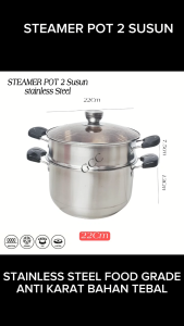 WLW888 Panci Steamer Pot 26Cm Stainless Kuping 2 Food Grade Langseng/Dandang Kukusan Tutup Kaca