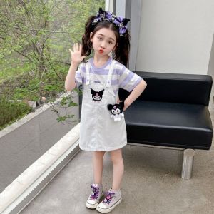 กระโปรงสายเอี๊ยมสำหรับเด็กผู้หญิงเด็กน้อยชุดเดรสหน้าร้อนสำหรับเด็กผู้หญิง Kuromi Fake 2ชิ้น
