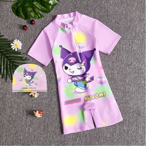 Cool Kuromi Childrens One-Piece Swimsuit Short Sleeve Girls Swimming Costume with Cap And Goggles for Young Kids Tagkita Brand