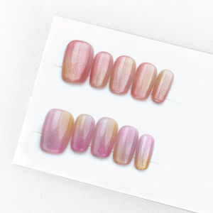 10pcs Short Oval Candy Colors Cats Eye Press on Nails French Macaron Handmade False Nails Flower Print Full Cover Nail Art Tips