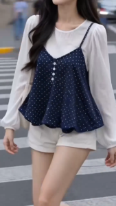 Áo Babydoll Yếm Nữ 2 Dây Chấm Bi Tay Dài Phối Cúc Chất Đũi Hàn Thời Trang Nữ Miosunvn