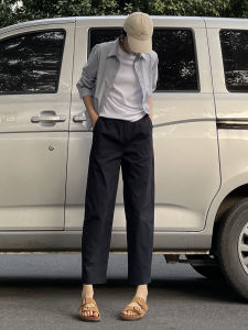 Left Hand Diary New Simple Casual Small Scythe Nine Points Straight Leg Pants Slimming Dark Blue Womens Jeans Polyester Fiber