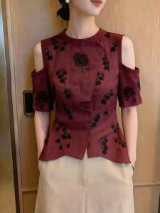 KUNAILIN | Stylish Elegant Red Off-Shoulder Rose Top