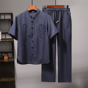 J&FO | Traditional Chinese Three-piece Set Embroidered Dragon Pattern Short Sleeve Shirt and Shorts