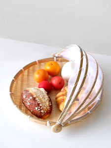 MLADEN Bamboo Food Tent Handwoven Fruit Vegetable Tray with Mosquito Net Snack Display Tray Storage Basket