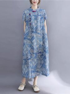 Váy Dài Cotton Lanh Phong Cách Trung Hoa Cổ Điển Mới Cho Nữ Mùa Hè 2025 Váy Dài Cotton Lanh Cao Cấp Cho Mẹ Váy Chữ a Tay Ngắn
