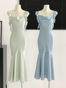 Elegant Womens Long Satin Dress with Mermaid Tail High Waist Sleeveless for Spring and Summer