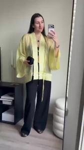 Womens Shirt 2026 Summer New Yellow Long Sleeve with Knot Button Decoration Loose Fit Beach Vacation Elegant Temperament