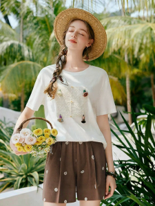 XIANGYING | White Cotton Round Neck Short Sleeve Loose Retro T-shirt