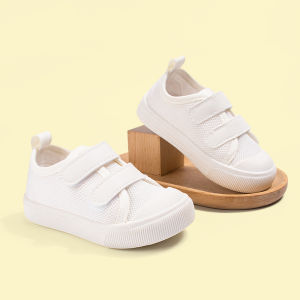 2025 New Fashion Spring Kids Sports Shoes: White Sneakers with Double Velcro Straps