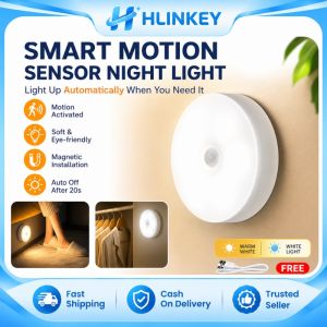 HLINKEY Motion Sensor Night Light Magnetic USB Rechargeable LED Lamp Auto On Off Wireless Wall Light For Bedroom Closet Stairs Kitchen Cabinet White Warm Light