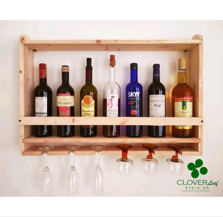 Wine Rack solid wood for bottles and glass wall mounted