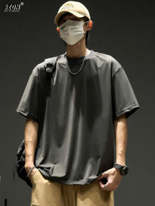 เสื้อยืดแขนสั้นผ้าไหมน้ำแข็งสำหรับผู้ชาย ทรงหลวม บาง ระบายอากาศได้ดี สวมใส่สบาย สำหรับฤดูร้อน