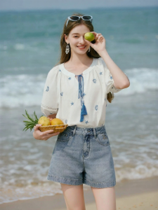 XIANGYING | Cotton French Chic Loose Embroidered Puff Sleeve Shirts