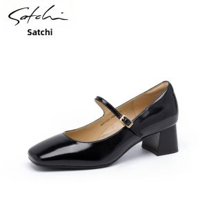 Buckle Strap Mary Jane Shoes Flat Mid-Heel Square Toe