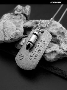 Retro Military Emblem Bullet Head Pendant Titanium Steel Necklace Mens Streetwear Hip Hop Cyberpunk Minimalist Vintage Jewelry