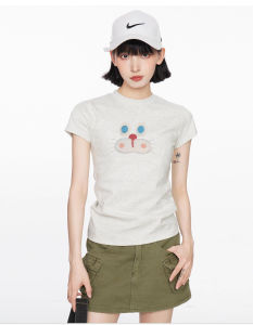 Melange Gray round Neck Shoulder Girls Short Sleeve T-Shirt Female Summer Stylish Niche Style Silm Slimming Short Top