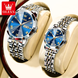 2pcs OLEVS jam tangan couple pasangan terbaru dewasa asli anti air sapphire prismatic berlian panggil fashion gaya korea mewah baja tahan karat