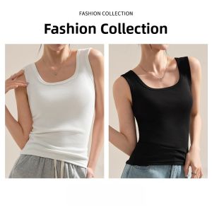 Miiow | White Cotton Strap Vest Womens Inner Wide Shoulder Slimming Backless Versatile Style Commute Fashion Round Neckline Solid Color
