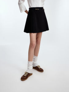 Elegant Black A-Line High Waist Pleated Short Skirt OL Style Design Versatile Midi Skirt Polyester Fiber Straight Tube Skirt