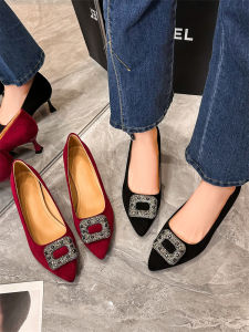 Wide Size High Heel Work Shoes Diamond Square Buckle Pointed Toe Womens Fat Foot Comfortable Fashion Single Shoes