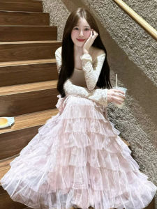 CHANGTONG | French Lace Patchwork Mesh Waist-Cinching Dress