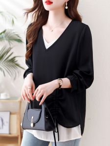 September Momo Elegant V-neck Fake Two-Piece Chiffon Shirt for Women 2024 Fall plus Size Tops European Goods Fashion Womens Wear Fashion