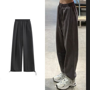 กางเกงวอร์มสตรีสีเทาเข้มเอวสูง กางเกงขายาวทรงตรงหลวมๆ กางเกงขายาวทรงขากว้าง กางเกงขายาวทรงลำลองสำหรับฤดูใบไม้ผลิและฤดูร้อน