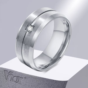 Vnox 8mm Mens Wedding Band AAA CZ Stone Solitaire Ring Matte Stainless Steel Grooved Line Ring Simple Casual Bridegroom Ring
