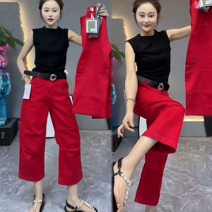 plus Size Womens Slimming Loose Straight Leg Pants Casual Red Eighteen Bend Knife Pants Trendy High Waist Polyester Fiber