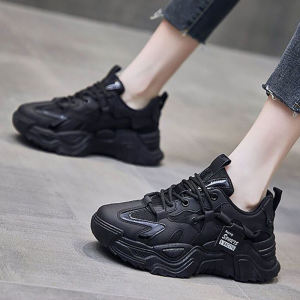 Black Thick Bottom Dad Shoes Womens Casual Sport Shoes Hong Kong Style Versatile Spring Autumn New Ins Trend Peep Toe Waterproof Platform