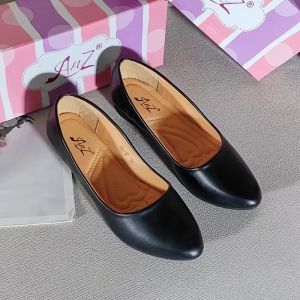 [FA] 1 inch wedge heel pointed toe black leather shoes student shoes office shoes for women