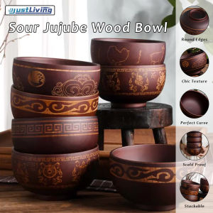 JustLiving 1pc 310ml Ethnic Style Sour Date Wood Bowl Carved Pattern Dinner Wooden Bowl Tableware Mongolian Wooden Milk Tea Bowl Wood Big Bowl