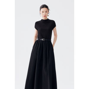 Black Short Sleeve Knitted Dress with Waistband Large Skirt Summer