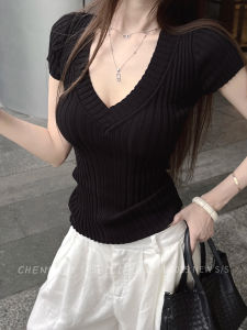 Áo Thun Nữ Tay Ngắn Cổ Chữ V Dệt Kim Co Giãn Cao Cảm Giác Lạnh Hàn Quốc Thời Trang Mùa Hè Mới Cho Nữ