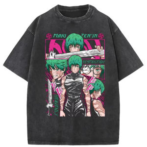 Bandai | Zenin Maki Anime Vintage Washed T-Shirt Cotton Jujutsu Kaisen Harajuku Mens Streetwear Women Short Sleeve