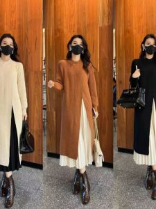 Áo Len Dệt Kim Cổ Tròn Cao Cấp Cho Nữ Váy Hai Mảnh Váy Midi Quần Áo Công Sở Mùa Thu Đông Dáng Chữ A Màu Trơn