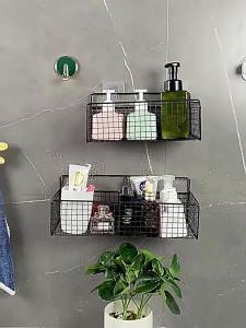 ตะกร้าติดผนัง ชั้นวางของติดผนัง ไม่​ต้อง​เจาะ​รู​ ชั้นวางของในห้องน้ำ ชั้นวางของในห้องครัว สีขาว สีดำ ไม่หลุดง่าย