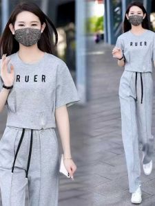 Summer Casual Sports Set Womens Short Sleeve Wide Leg Pants Two Piece Suite Slimming Waist Trendy Cotton round Neck Top