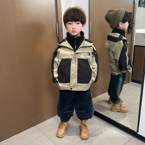 Boys Three-in-One Spring Autumn Waterproof Jacket Childrens Outerwear Soft Polyester Fabric Zipper Closure Hooded Coat