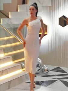 Romagic Không Tay Một Vai Họa Tiết Hoa Trang Trí Đầm Cocktail Thanh Lịch Bodycon Vũ Hội Tối Tiệc Cưới Tầng-Chiều Dài Áo Choàng
