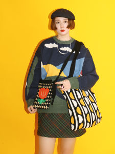 กระเป๋าสะพายไหล่ทรงสี่เหลี่ยมแนวตั้งแบบถักลายเรขาคณิตสีสันสดใสสำหรับผู้ชายและผู้หญิงวัยรุ่น สไตล์วินเทจ กระเป๋าถือแบบเปิดโล่ง